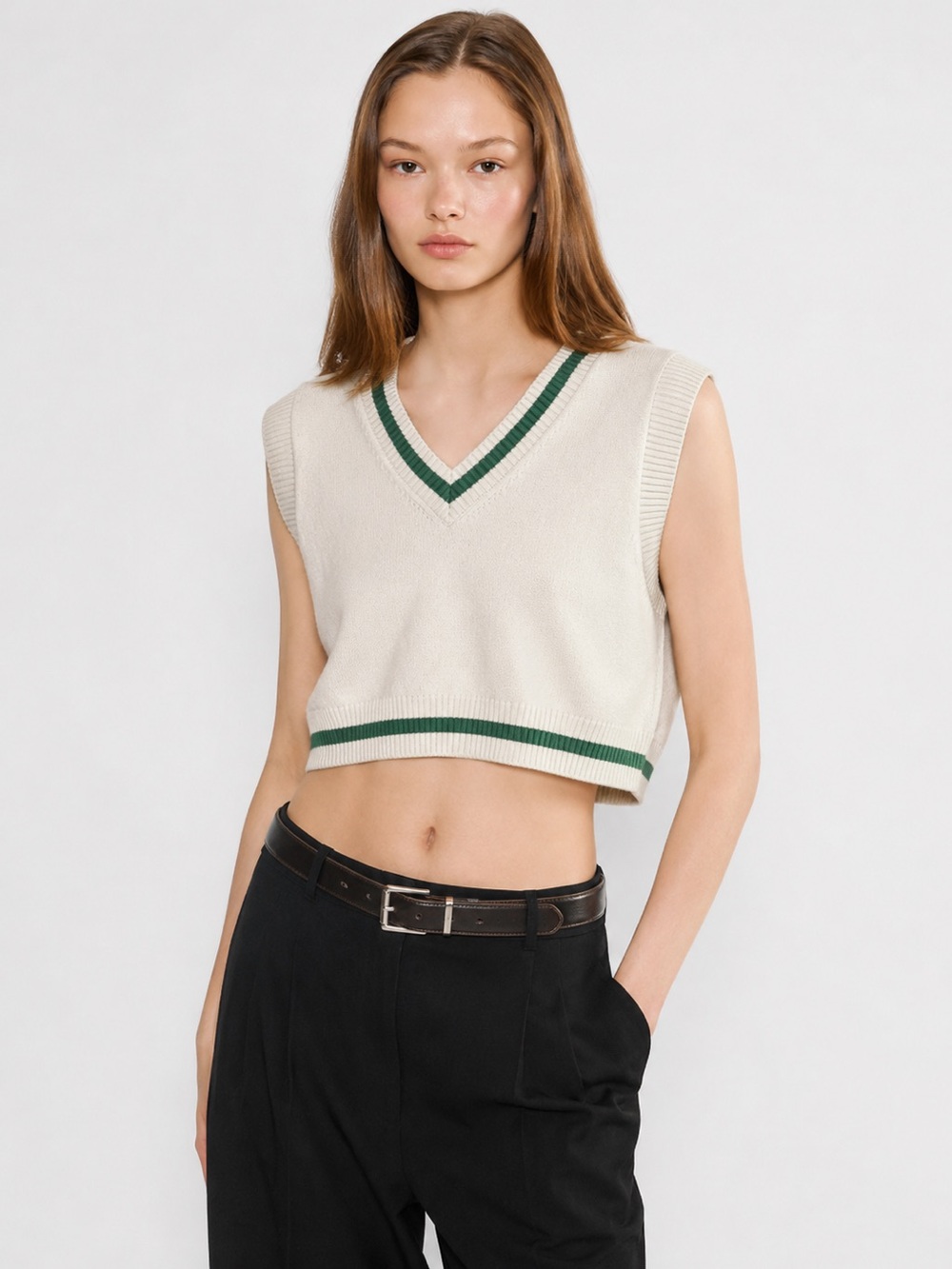 Sunday Best Quinn Cropped Sweater Vest in Cream and Green
